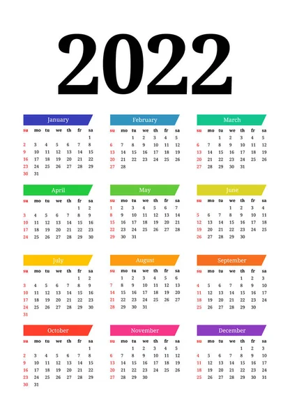 Calendario Para 2022 Aislado Sobre Fondo Blanco Domingo Lunes Plantilla — Vector de stock