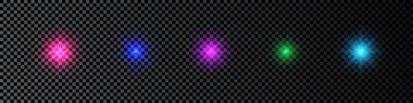 Lens fişeklerinin ışık etkisi. Koyu şeffaf arkaplanda parıldayan beş adet çok renkli ışık patlaması efekti. Vektör illüstrasyonu