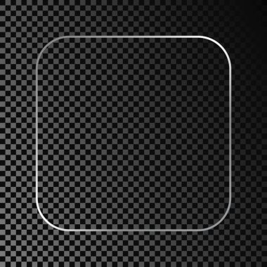 Gümüş renkli yuvarlak kare çerçeve koyu şeffaf arka planda izole edilmiş. Parlak efektli parlak bir çerçeve. Vektör illüstrasyonu.