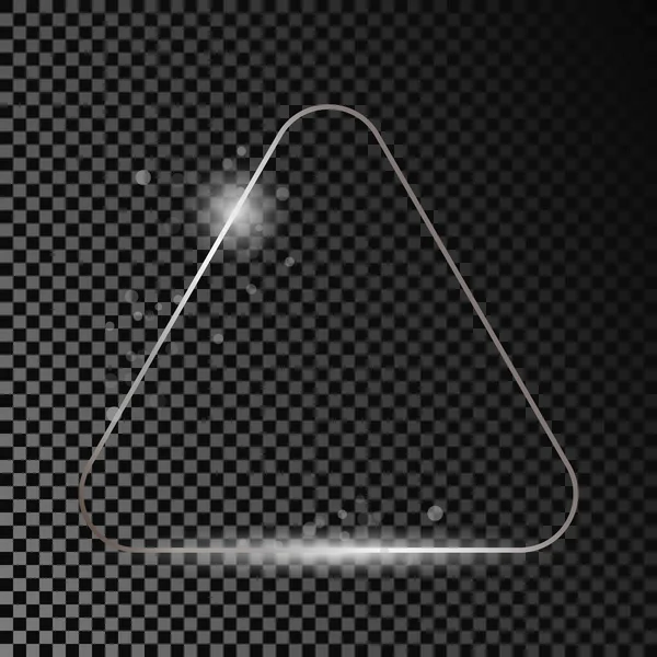 暗い透明な背景に隔離された輝きと銀輝く丸みを帯びた三角形のフレーム 輝く効果を持つ光沢のあるフレーム ベクターイラスト — ストックベクタ