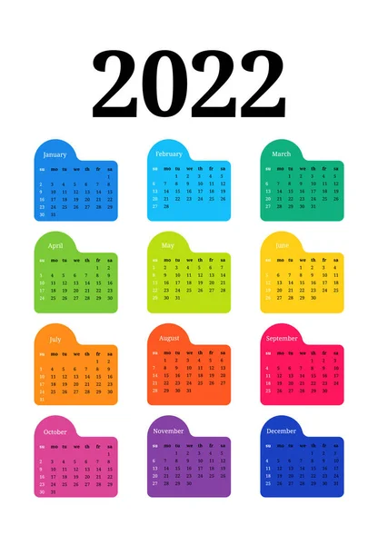 Календар 2022 Рік Ізольовано Білому Тлі Неділя Понеділок Бізнес Шаблон — стоковий вектор