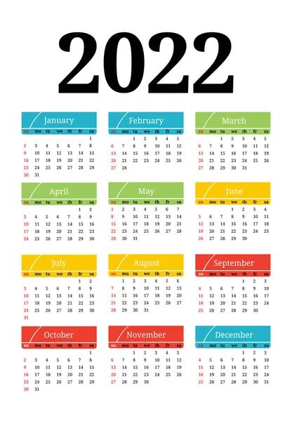 Calendario Para 2022 Aislado Sobre Fondo Blanco Domingo Lunes Plantilla — Vector de stock