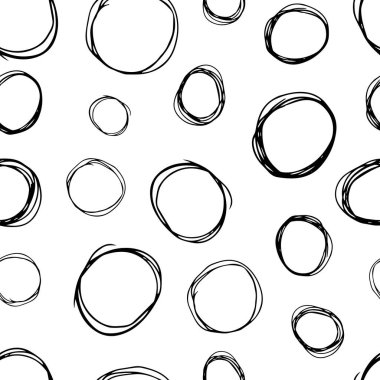 Kusursuz desenli, el çizimi, beyaz zemin üzerine çizilmiş karalama çemberleri. Soyut grunge dokusu. Vektör illüstrasyonu
