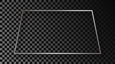 Koyu şeffaf arka planda gölgesi olan gümüş parlayan trapezoid şekilli bir çerçeve. Parlak efektli parlak bir çerçeve. Vektör illüstrasyonu