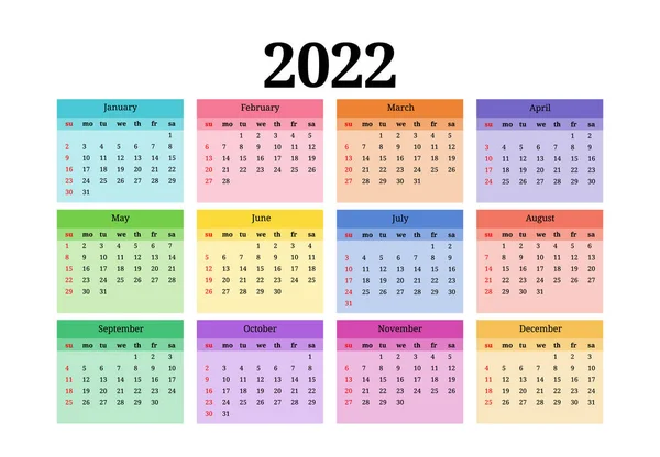 Calendário Para 2022 Isolado Fundo Branco Domingo Segunda Feira Modelo — Vetor de Stock