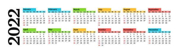 Kalender Für 2022 Isoliert Auf Weißem Hintergrund Sonntag Bis Montag — Stockvektor