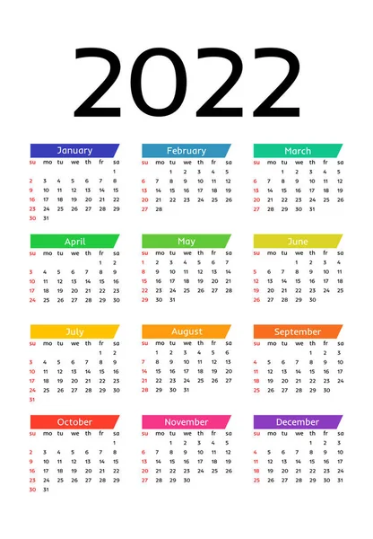 Calendário Para 2022 Isolado Fundo Branco Domingo Segunda Feira Modelo — Vetor de Stock