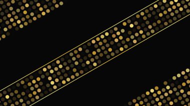 Soyut altın çizgileri ve parlak noktaları olan gösterişli, koyu bir arka plan. Işıldayan pırıltılı arkaplan. Modern şablonlar için şık ve zarif bir tasarım. Vektör illüstrasyonu