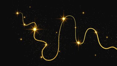 Altın parıldayan konfeti dalgası ve yıldız tozu. Koyu arkaplanda altın sihirli parıltılarla arka plan. Vektör illüstrasyonu