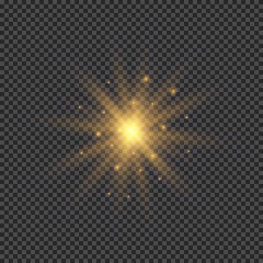 Lens fişeklerinin ışık etkisi. Şeffaf arkaplanda parıldayan turuncu ışıklar yıldız patlaması efektleri. Vektör illüstrasyonu