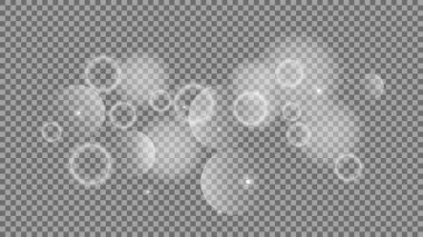 Bokeh şeffaf arkaplanda daireler çiziyor. Beyaz parlayan toz, parlayan ışıltı ve bokeh ışıkları. Vektör illüstrasyonu