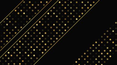 Soyut altın çizgileri ve parlak noktaları olan gösterişli, koyu bir arka plan. Işıldayan pırıltılı arkaplan. Modern şablonlar için şık ve zarif bir tasarım. Vektör illüstrasyonu