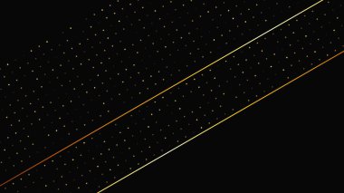 Soyut altın çizgileri ve parlak noktaları olan gösterişli, koyu bir arka plan. Işıldayan pırıltılı arkaplan. Modern şablonlar için şık ve zarif bir tasarım. Vektör illüstrasyonu