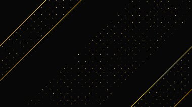 Soyut altın çizgileri ve parlak noktaları olan gösterişli, koyu bir arka plan. Işıldayan pırıltılı arkaplan. Modern şablonlar için şık ve zarif bir tasarım. Vektör illüstrasyonu