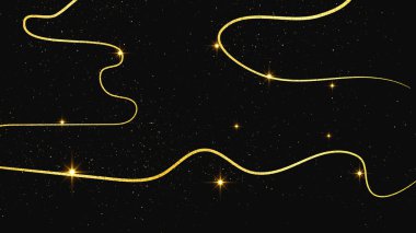 Altın parıldayan konfeti dalgası ve yıldız tozu. Koyu arkaplanda altın sihirli parıltılarla arka plan. Vektör illüstrasyonu