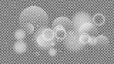 Bokeh şeffaf arkaplanda daireler çiziyor. Beyaz parlayan toz, parlayan ışıltı ve bokeh ışıkları. Vektör illüstrasyonu