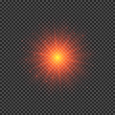 Lens fişeklerinin ışık etkisi. Şeffaf bir arka planda parıldayan kırmızı ışıklar yıldız patlaması efektleri. Vektör illüstrasyonu