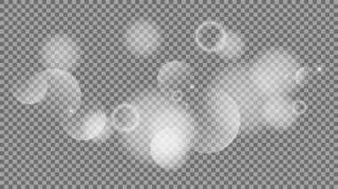 Bokeh şeffaf arkaplanda daireler çiziyor. Beyaz parlayan toz, parlayan ışıltı ve bokeh ışıkları. Vektör illüstrasyonu