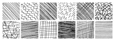 Bir dizi monokrom el yapımı çapraz kapak dokusu. Homurdanma ve taslak çizimleri, karalamalar, karalamalar ve çizim tarzı şablonlar. Vektör illüstrasyonu