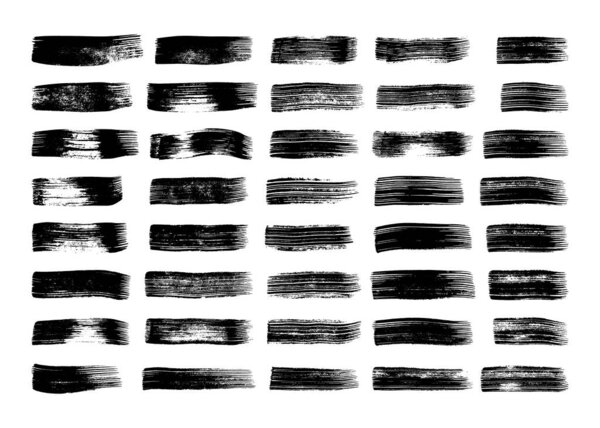 Большой набор черных мазков кистью. Ручные пятна чернил изолированы на белом фоне. Векторная иллюстрация