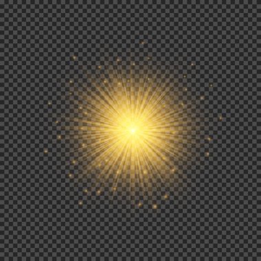 Lens fişeklerinin ışık etkisi. Şeffaf arkaplanda parıldayan turuncu ışıklar yıldız patlaması efektleri. Vektör illüstrasyonu