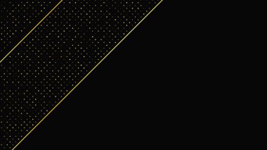 Soyut altın çizgileri ve parlak noktaları olan gösterişli, koyu bir arka plan. Işıldayan pırıltılı arkaplan. Modern şablonlar için şık ve zarif bir tasarım. Vektör illüstrasyonu