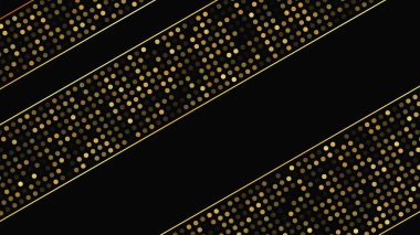 Soyut altın çizgileri ve parlak noktaları olan gösterişli, koyu bir arka plan. Işıldayan pırıltılı arkaplan. Modern şablonlar için şık ve zarif bir tasarım. Vektör illüstrasyonu