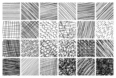 Büyük tek renkli el yapımı çapraz kapaklı dokular. Homurdanma ve taslak çizimleri, karalamalar, karalamalar ve çizim tarzı şablonlar. Vektör illüstrasyonu