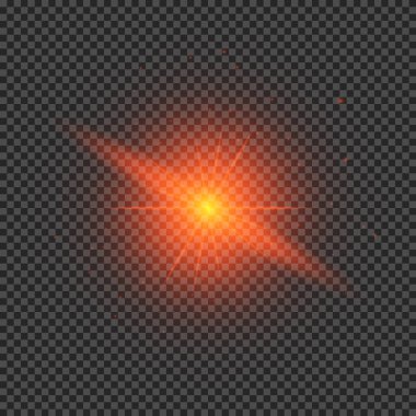 Lens fişeklerinin ışık etkisi. Şeffaf bir arka planda parıldayan kırmızı ışıklar yıldız patlaması efektleri. Vektör illüstrasyonu