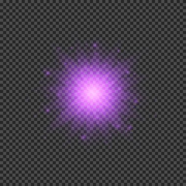 Lens fişeklerinin ışık etkisi. Mor parlak ışık efektleri ve şeffaf bir arka planda parıltılar. Vektör illüstrasyonu