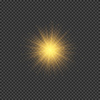 Lens fişeklerinin ışık etkisi. Şeffaf arkaplanda parıldayan turuncu ışıklar yıldız patlaması efektleri. Vektör illüstrasyonu