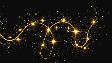 Altın parıldayan konfeti dalgası ve yıldız tozu. Koyu arkaplanda altın sihirli parıltılarla arka plan. Vektör illüstrasyonu