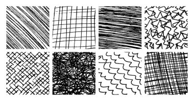 Sekiz adet tek renkli el yapımı çapraz kapak dokusu. Homurdanma ve taslak çizimleri, karalamalar, karalamalar ve çizim tarzı şablonlar. Vektör illüstrasyonu