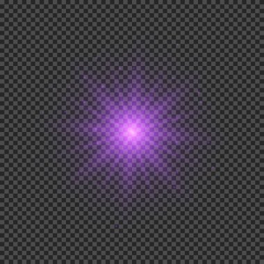 Lens fişeklerinin ışık etkisi. Mor parlak ışık efektleri ve şeffaf bir arka planda parıltılar. Vektör illüstrasyonu