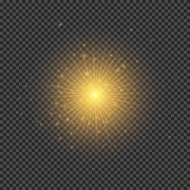 Lens fişeklerinin ışık etkisi. Şeffaf arkaplanda parıldayan turuncu ışıklar yıldız patlaması efektleri. Vektör illüstrasyonu