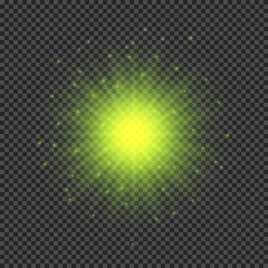Lens fişeklerinin ışık etkisi. Şeffaf bir arka planda parıldayan yeşil ışıklar yıldız patlaması efektleri. Vektör illüstrasyonu