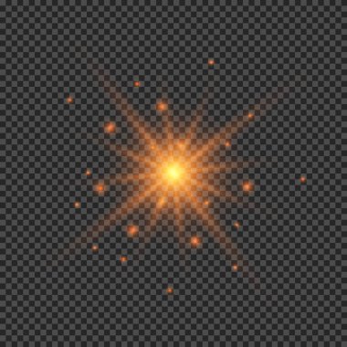 Lens fişeklerinin ışık etkisi. Şeffaf arkaplanda parıldayan turuncu ışıklar yıldız patlaması efektleri. Vektör illüstrasyonu