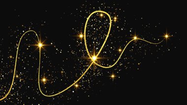 Altın parıldayan konfeti dalgası ve yıldız tozu. Koyu arkaplanda altın sihirli parıltılarla arka plan. Vektör illüstrasyonu