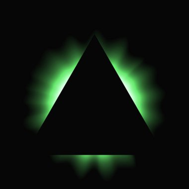 Üçgen çerçeveyi gradyanla aydınlat. Siyah arkaplanda yeşil üçgen neon pankartı var. Vektör illüstrasyonu
