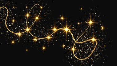 Altın parıldayan konfeti dalgası ve yıldız tozu. Koyu arkaplanda altın sihirli parıltılarla arka plan. Vektör illüstrasyonu