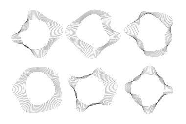 Dinamik dalgalı çizgili altı yuvarlak kıvrımlı ses dalgaları. Beyaz arka planda siyah dalgalı daireler koleksiyonu. Tasarım elemanı. Vektör illüstrasyonu