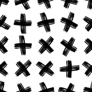 Elle çizilmiş çapraz sembollü kusursuz desen. Beyaz arka planda siyah çizim işareti. Vektör illüstrasyonu