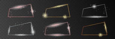 Koyu şeffaf arka planda izole edilmiş altı adet altın, gümüş ve gül sarısı parlayan trapezoid çerçeve. Parlak efektli parlak bir çerçeve. Vektör illüstrasyonu