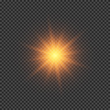 Lens fişeklerinin ışık etkisi. Şeffaf arkaplanda parıldayan turuncu ışıklar yıldız patlaması efektleri. Vektör illüstrasyonu