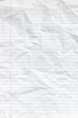 Çizgileri olan buruşuk, beyaz bir defter kağıdı. Posterler ve afişler için dikey buruşmuş boş kağıt şablonu. Vektör illüstrasyonu