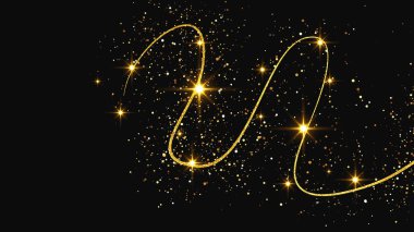 Altın parıldayan konfeti dalgası ve yıldız tozu. Koyu arkaplanda altın sihirli parıltılarla arka plan. Vektör illüstrasyonu