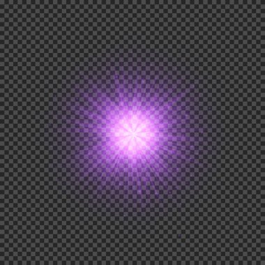 Lens fişeklerinin ışık etkisi. Mor parlak ışık efektleri ve şeffaf bir arka planda parıltılar. Vektör illüstrasyonu