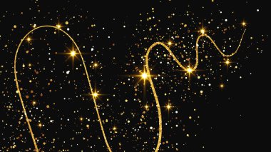 Altın parıldayan konfeti dalgası ve yıldız tozu. Koyu arkaplanda altın sihirli parıltılarla arka plan. Vektör illüstrasyonu