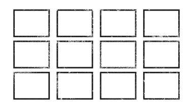 Dikdörtgen biçiminde grunge kenarlıkları kümesi. Beyaz arkaplanda boş alanı olan koyu dokulu çerçevelerin toplanması. Vektör illüstrasyonu