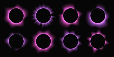 Çemberleri gradyanla aydınlat. Siyah arkaplanda sekiz adet mor neon pankart var. Vektör illüstrasyonu
